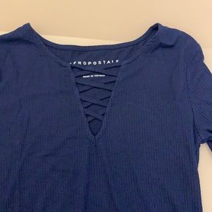 dark blue fitting long sleeve with criss cross